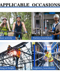 People engaged in various activities: cycling outdoors, working in a factory, climbing scaffolding, and sorting in a warehouse.