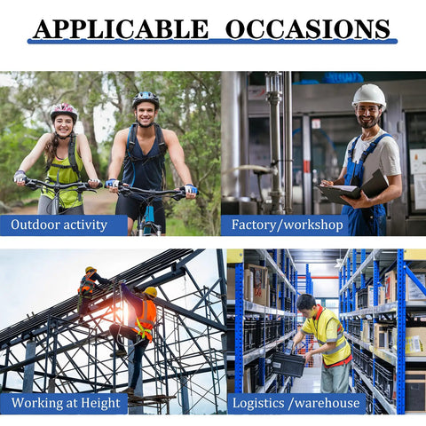 People engaged in various activities: cycling outdoors, working in a factory, climbing scaffolding, and sorting in a warehouse.
