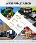 Rugged Hitch Pin And Trailer Pin Assortment Kit For Trailers Tractors Trucks Tow Jobs And Farm Equipment With Cotter Pins Lynch Pins Straight Pins Square Pins Arch Pins And Tube Pins For Heavy Duty Use displayed with various vehicle applications.