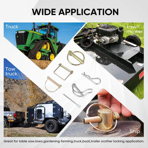 Rugged Hitch Pin And Trailer Pin Assortment Kit For Trailers Tractors Trucks Tow Jobs And Farm Equipment With Cotter Pins Lynch Pins Straight Pins Square Pins Arch Pins And Tube Pins For Heavy Duty Use displayed with various vehicle applications.