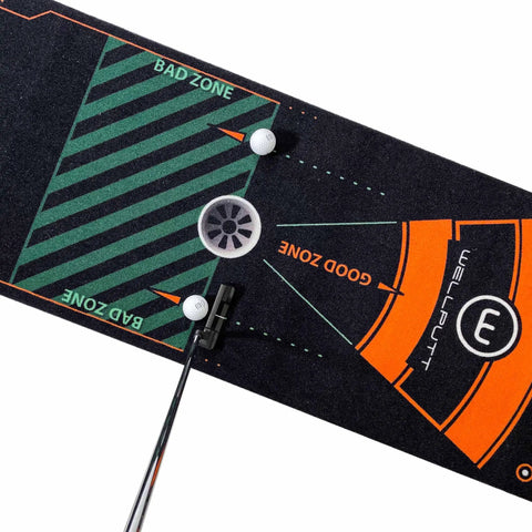 Overhead view of 13-Foot Golf Putting Training Mat In Black With Pro Grade Green Replication And Eye Positioning Alignment Aids