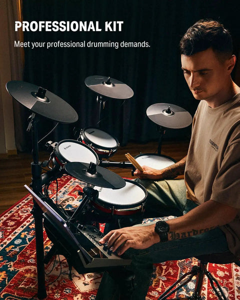 Man playing electric drum set for adults full size that feels pro with 10 inch quiet mesh pads 12 inch crash cymbals 100 kits