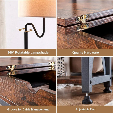 Floor Lamp With Table And USB Type C Ports, showing rotating lamp shade, quality hardware, cable groove, and adjustable feet.