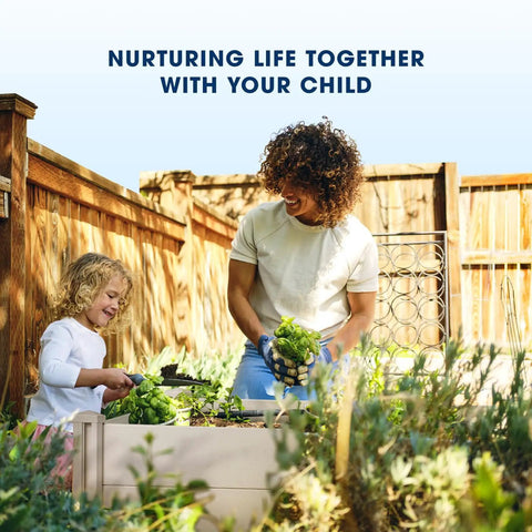Parent and child gardening with Vinyl Raised Garden Bed 4x4x1 Ft Open Bottom Planter For Above Ground Gardens in backyard