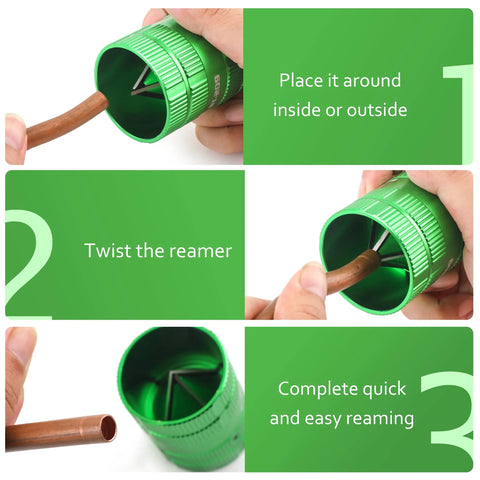 Pipe reamer tool, green metal deburring chamfer device for copper and PVC tubes; 1/4"–1-5/8" range.