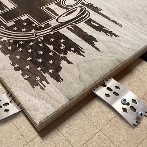 Six Piece Slab Clamping Dogs Set For Woodworking Tools, Pinch Dogs Router Sled For Flattening Slabs in use with wooden panel.