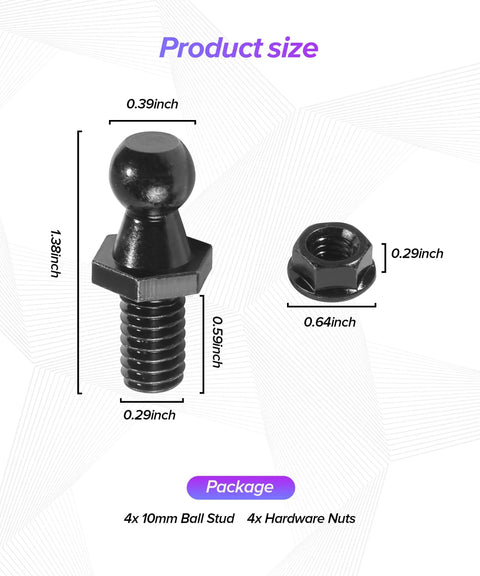 4 Piece Gas Strut Ball Stud Kit With 10 mm Ball Studs And Hardware Nuts For Hoods And Trunks, Easy Auto Replacement Shock Mounting Kit For Sedans SUVs MPVs Black, 10mm black steel stud and nut size view