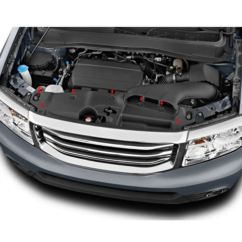Under the hood view of a vehicle highlighting Clean Nylon Fender Clips And Bumper Retainer Kit For Honda And Acura Rides With 40 Pack Expansion Screws.