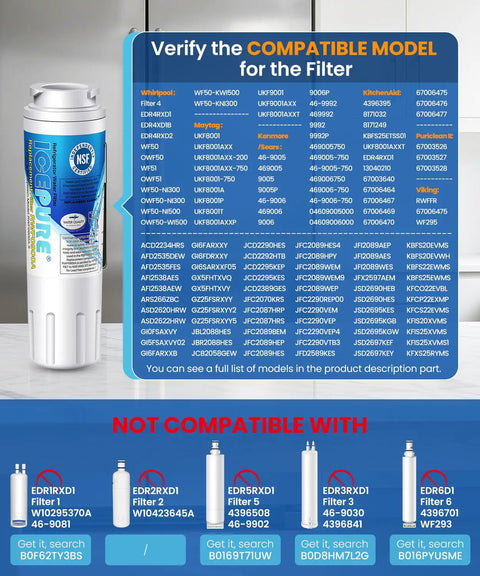 Refrigerator Water Filter Replacement For EveryDrop EDR4RXD1 Whirlpool 4 Maytag UKF8001AXX200 UKF8001P compatibility chart