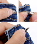 10pcs silver cone rivets and spikes set for denim and leather; close-up of rivet installation on jeans.