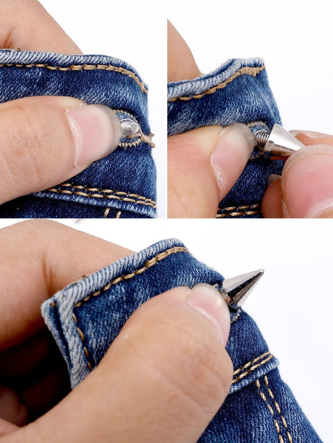 10pcs silver cone rivets and spikes set for denim and leather; close-up of rivet installation on jeans.