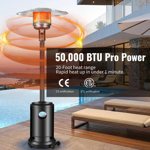Heavy Duty 50000 BTU Outdoor Propane Patio Heater On Wheels With Easy Push Button Ignition And Safety Shut Off Durable