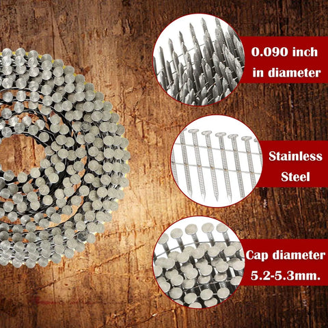 Coiled 3600 Count 1-1/2 Inch By 0.090 Inch Ring Shank Stainless Steel Siding Nails on textured surface