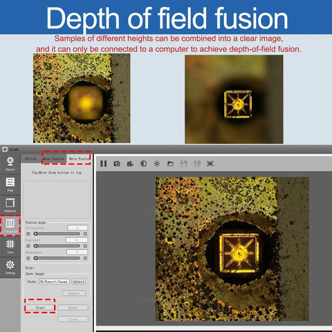 Bright And Dark Field Electron Metallographic Microscope With 4K HD Imaging Depth Fusion And Pro Grade Measurement Support HDMI LAN USB 3.0 Outputs Dual USB Ports For Mouse And PC Connectivity software screen showing depth of field fusion images