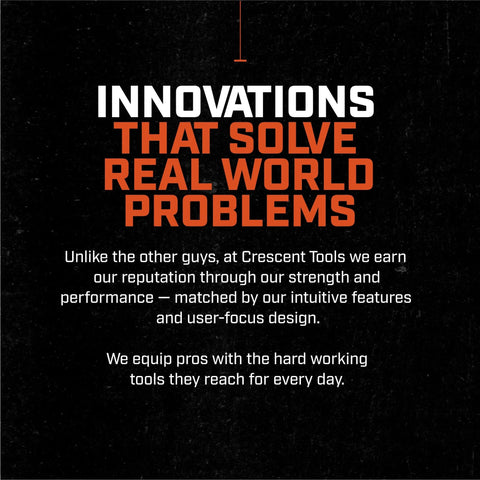 Innovations that solve real world problems text on a black background with Crescent Tools branding.