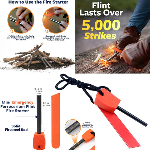 Go To Survival Kit With Essential Tactical Tools For Camping And Outdoor Adventures, fire starter demonstration and details