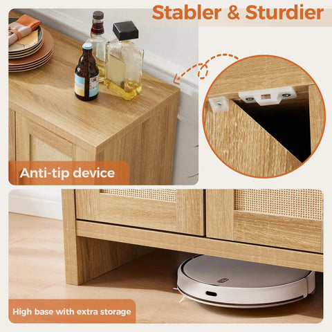 Rattan Buffet Cabinet With Storage Galore And Adjustable Shelves For Kitchen Living Room And Dining Room Farmhouse Modern Wood Sideboard Cupboard showcasing anti-tip device and robotic vacuum space