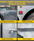 Image showcasing Diamond Tread Aluminum Sheet Metal 120 By 6 Inches Wide DIY Friendly Easy Cut Easy Drill Plate used on trucks, trailers, and garages.