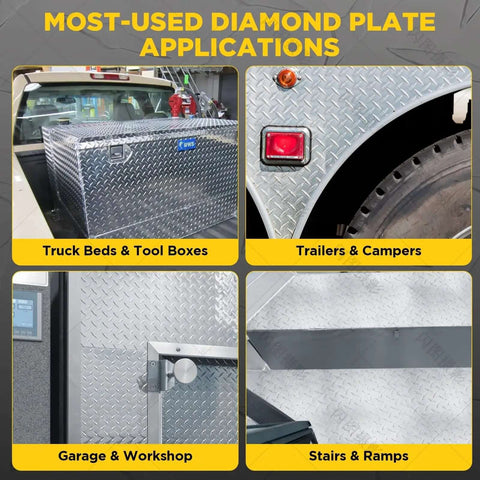 Image showcasing Diamond Tread Aluminum Sheet Metal 120 By 6 Inches Wide DIY Friendly Easy Cut Easy Drill Plate used on trucks, trailers, and garages.