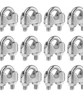 12 Pack One Quarter Inch 304 Stainless Steel Wire Rope Cable Clamps M6 Wire Rope Clips U Bolt Saddle Fasteners For Tent Ropes And Rigging Rope Heavy Duty Easy Install Outdoor Use Diy Quick Securement Set, showing all clamps.