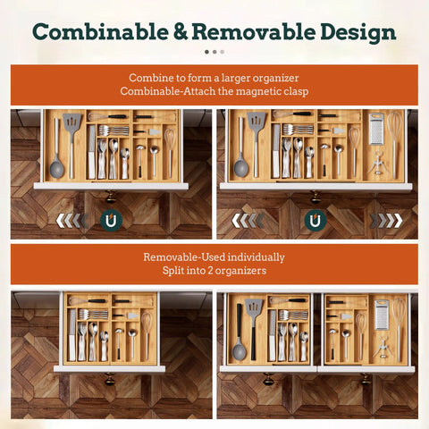 Expandable Magnetic Connected 13 Slot Silverware Drawer Organizer With Adjustable Length From 21 To 37.4 Inches Bamboo Utensil Tray