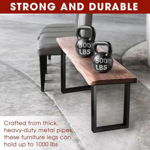 16 Inch Beefy Metal Table Legs Set Of 2 Black Rectangular Furniture Legs For Bench And Coffee Table DIY Projects Includes Screws And Floor Protectors Supports Up To 1000 Lbs, two kettlebells on wooden bench supported by metal legs