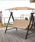 Three Seater Outdoor Swing With Canopy And Stand Heavy Duty 600 Lb Capacity All Weather Adjustable Canopy on deck with couple