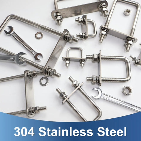 2 Pack M10 Square U Bolts 4 Inch Wide Stainless Steel Heavy Duty With Nuts, Bolt Plates And Washers, 3 Eighth Inch Thread