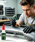 Heavy Duty Car Bumper Repair Adhesive For A Hella Strong Quick Fix On Cracked Plastic and Broken Auto Housing being applied to car bumper.