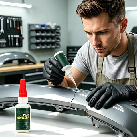 Heavy Duty Car Bumper Repair Adhesive For A Hella Strong Quick Fix On Cracked Plastic and Broken Auto Housing being applied to car bumper.