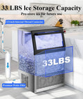 High Capacity Ice Maker Machine For Restaurant And Home That Delivers 110 Lbs Per Day, No Fuss 50 Ice Cubes Per Batch In About 14 Minutes, Stainless Steel, 33 Lbs Ice Storage, Water Filter, Self Cleaning, Under Counter Or Freestanding with visible 33 lbs ice capacity and kitchen setup.