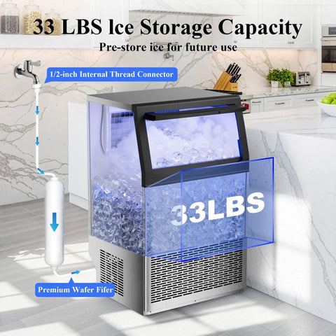 High Capacity Ice Maker Machine For Restaurant And Home That Delivers 110 Lbs Per Day, No Fuss 50 Ice Cubes Per Batch In About 14 Minutes, Stainless Steel, 33 Lbs Ice Storage, Water Filter, Self Cleaning, Under Counter Or Freestanding with visible 33 lbs ice capacity and kitchen setup.