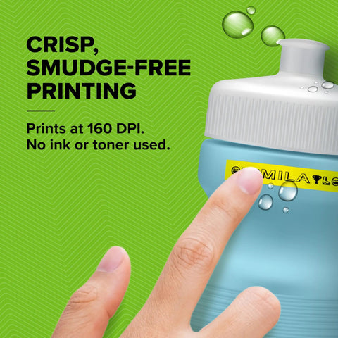 Totally Slick Bluetooth Label Maker With Free Mobile App Control, Super Handy Portable Printer For Quick Desk Organizing, Syncs Easily With Ios And Android, Includes One White Paper Tape Roll, Fresh Daydream Blue Finish showing smudge-free yellow label printing on a blue container.