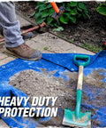 Heavy Duty Waterproof Tarp Outdoors 5 Mil 6x8 Feet with Reinforced Grommets in garden use with shovel and soil.