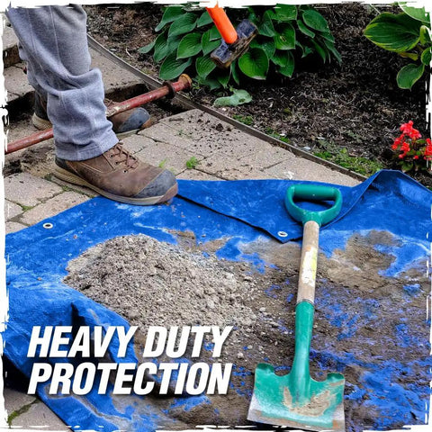 Heavy Duty Waterproof Tarp Outdoors 5 Mil 6x8 Feet with Reinforced Grommets in garden use with shovel and soil.