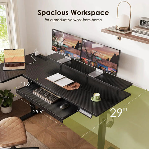 55 Inch L Shaped Electric Standing Desk With Keyboard Tray And Reversible Height Adjustment, dual monitors, Carbon Fiber Black