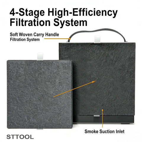 Low Power Solder Fume Extractor With 4 Layer Filtration, showing portable smoke purifier filters and smoke suction inlet.