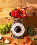 11Lb Analog Mechanical Kitchen Scale With Stainless Steel Bowl Tare Function Old School Retro Style Durable Dial Easy Clean Precise Food Weighing For Baking And Cooking with red bell peppers