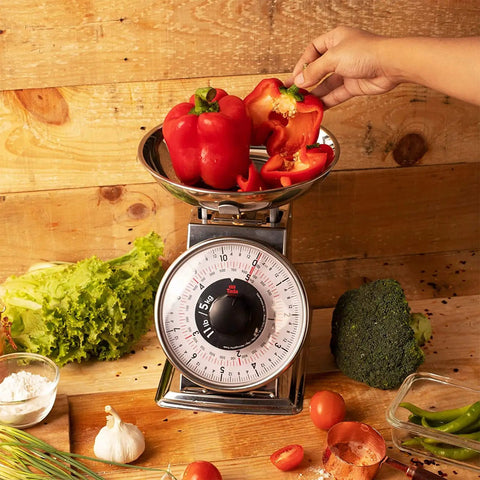 11Lb Analog Mechanical Kitchen Scale With Stainless Steel Bowl Tare Function Old School Retro Style Durable Dial Easy Clean Precise Food Weighing For Baking And Cooking with red bell peppers