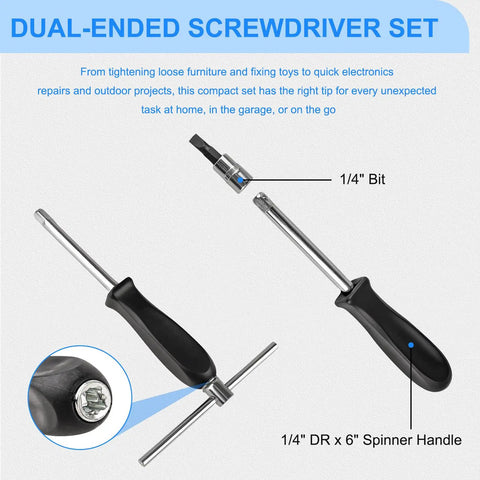 Dual-ended screwdriver set with 1/4 inch bit and 6 inch spinner handle for versatile repairs and DIY projects.