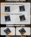 Pocket Sized Digital Angle Finder With Magnetic Level, Rechargeable Angle Cube, DIY Woodworking Protractor For Table Saws And Miter Gauges, 4x90 Degree Readouts, Ultra Compact Inclinometer For Quick On The Job Angles showing 2 modes and degree, slope % views