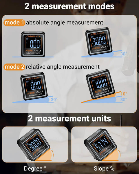 Pocket Sized Digital Angle Finder With Magnetic Level, Rechargeable Angle Cube, DIY Woodworking Protractor For Table Saws And Miter Gauges, 4x90 Degree Readouts, Ultra Compact Inclinometer For Quick On The Job Angles showing 2 modes and degree, slope % views