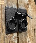Colonial Style Iron Gate Latch Black Flip Latch on wooden barn door, heavy duty cast iron drop latch, durable black finish