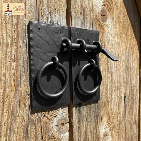Colonial Style Iron Gate Latch Black Flip Latch on wooden barn door, heavy duty cast iron drop latch, durable black finish