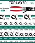 227 Piece Spring Band Hose Clamp Kit With Swivel Flat Band showing plier and various clamp sizes from 7mm to 24mm