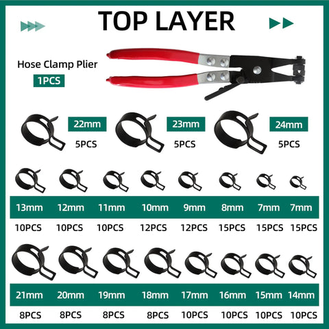 227 Piece Spring Band Hose Clamp Kit With Swivel Flat Band showing plier and various clamp sizes from 7mm to 24mm