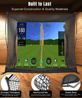 10 X 8 Feet Golf Cage Practice Net With HD Impact Screen And Simulator set up in indoor space with detailed graphics display