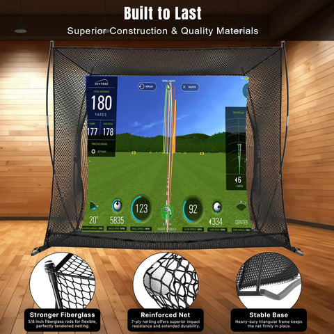 10 X 8 Feet Golf Cage Practice Net With HD Impact Screen And Simulator set up in indoor space with detailed graphics display