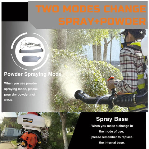 Person using 51.7cc 3 In 1 Gas Powered Backpack Sprayer with 3.7 gallon tank in garden, showing spray and powder modes