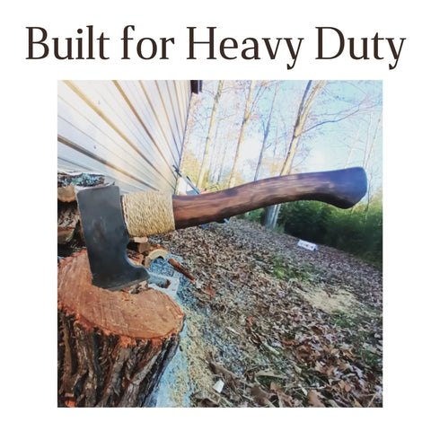 Axe with Two Pack Hickory Axe Handle Replacement for 14 inch axes and one and a quarter pound heads on a tree stump.
